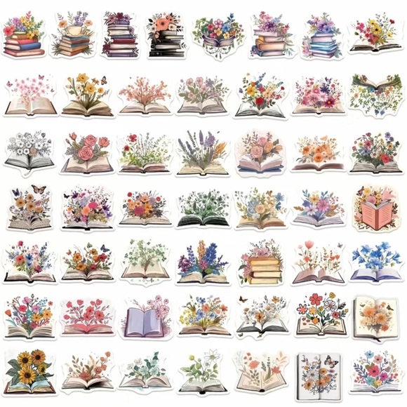 Reading In The Spring, Books Overflowing With Flowers, 50 Decal Stickers - Picture 12 of 15